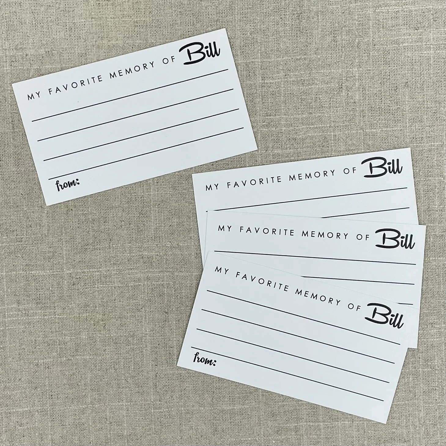 Memorial cards can be a wonderful way to celebrate the life of a lost one.  Placing them at a service or reception for friends and family to write a favorite memory can be uplifting.  Taking the notes and putting them in a book to read and remember k