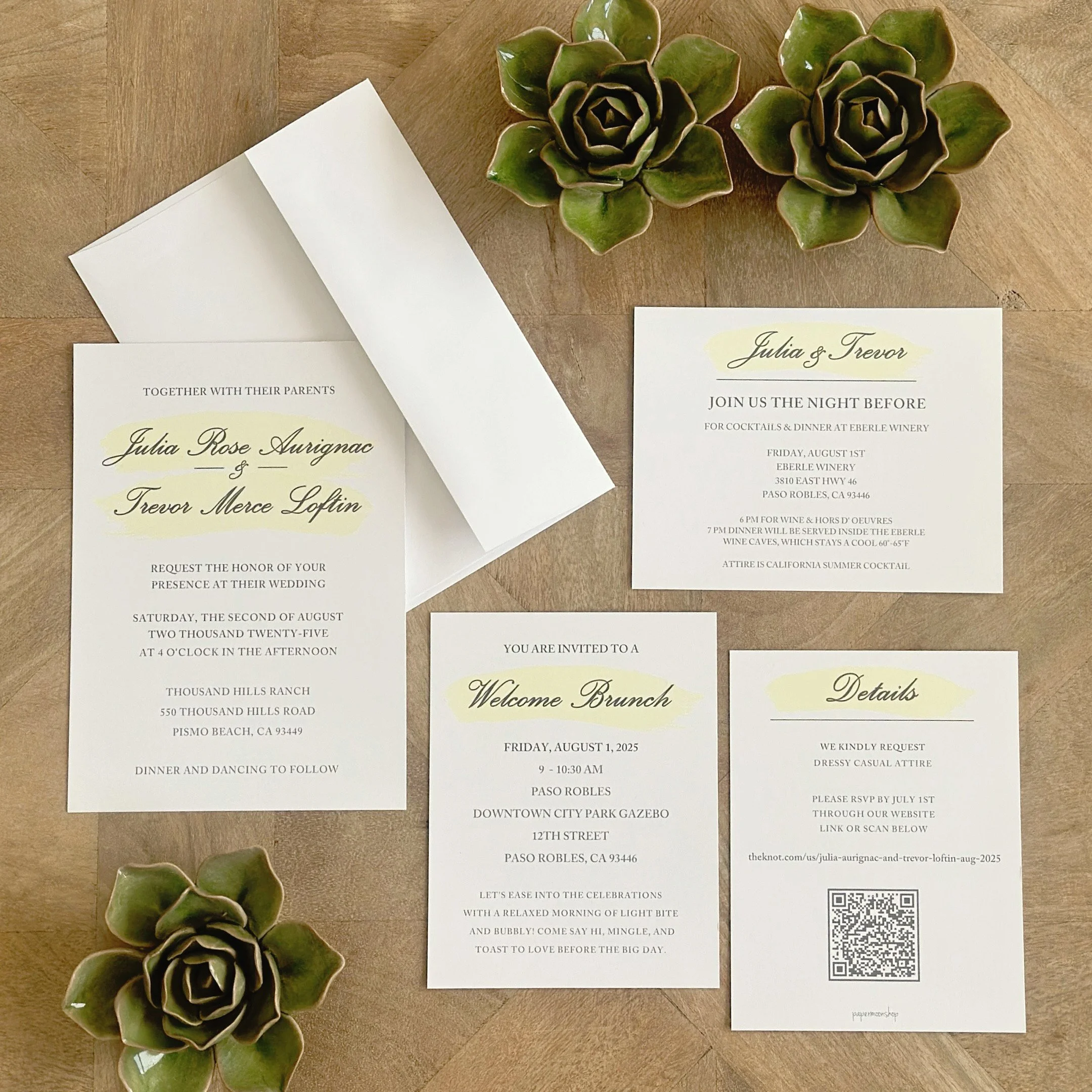 An invitation can be more than just for the wedding itself—sometimes the bride and groom need to share additional details. This destination wedding called for a welcome brunch invitation, rehearsal details, attire information, and a scan code. We lov