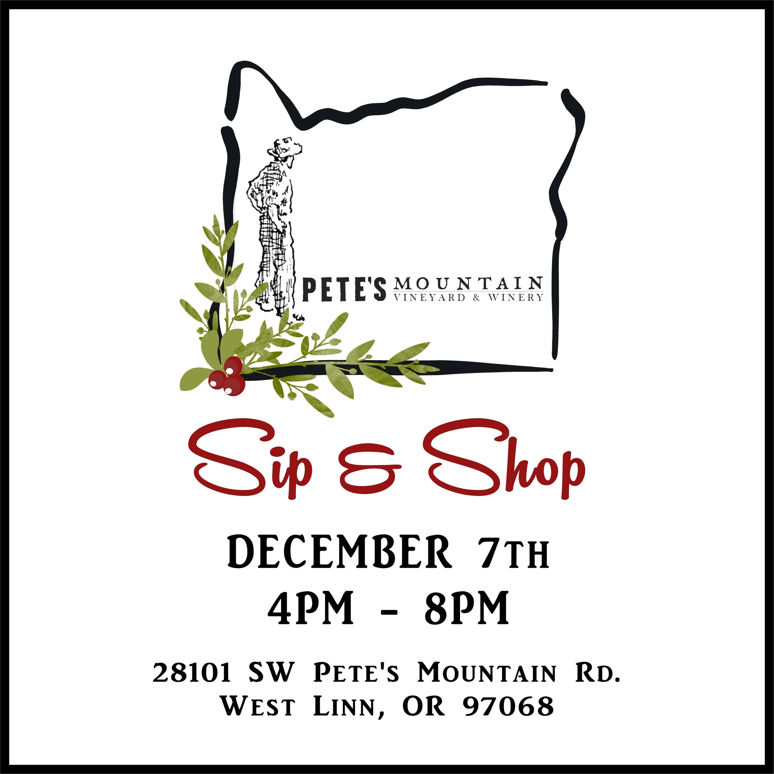 Join us for a fun evening of sipping and shopping.  Pete's Mountain Winery will offer glasses of wine. You can browse local vendors pop-up shops to help you find unqiue gifts for the holiday.