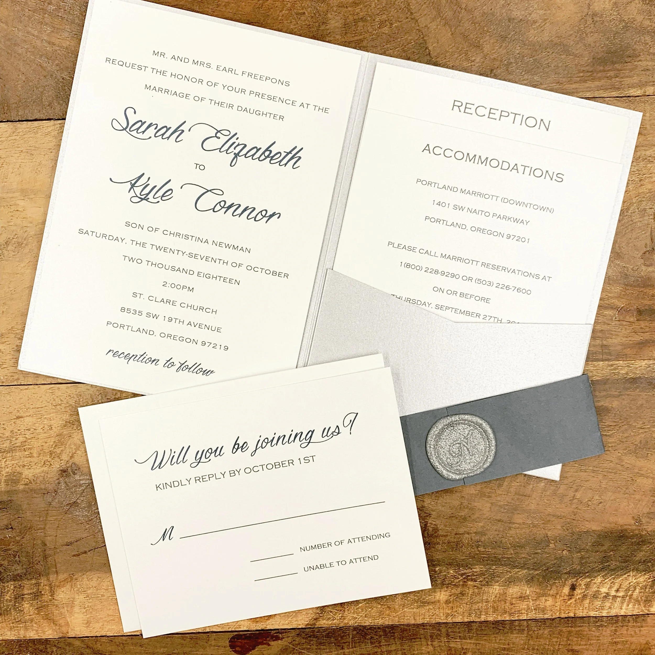 Though based in Oregon, Paper Moon Shop works nationwide! Sarah and Kyle, planning their Oregon wedding from out of state, needed a simple way to share details with out-of-town guests. We created a folder-style invitation with tiered inserts to keep 
