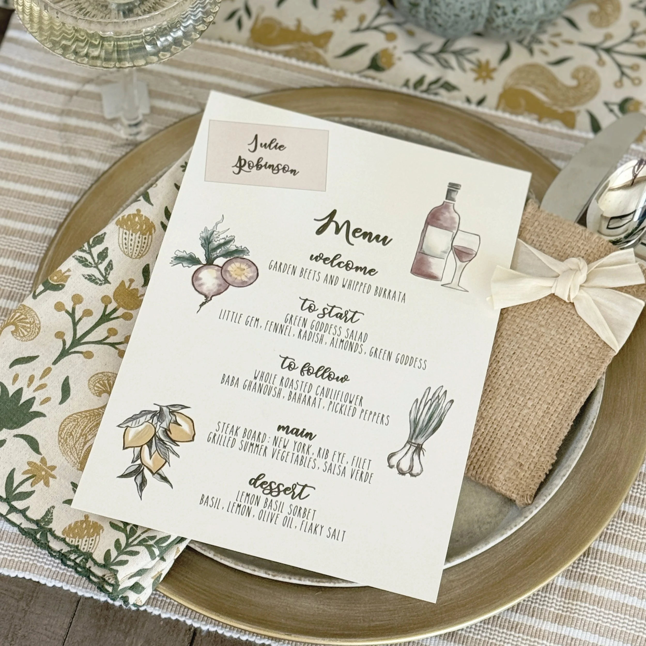 Have an idea in mind? We can bring it to life with custom illustrations for menus, itineraries, or any special detail in between. Mary loves creating one-of-a-kind artwork in a variety of mediums. Just ask!