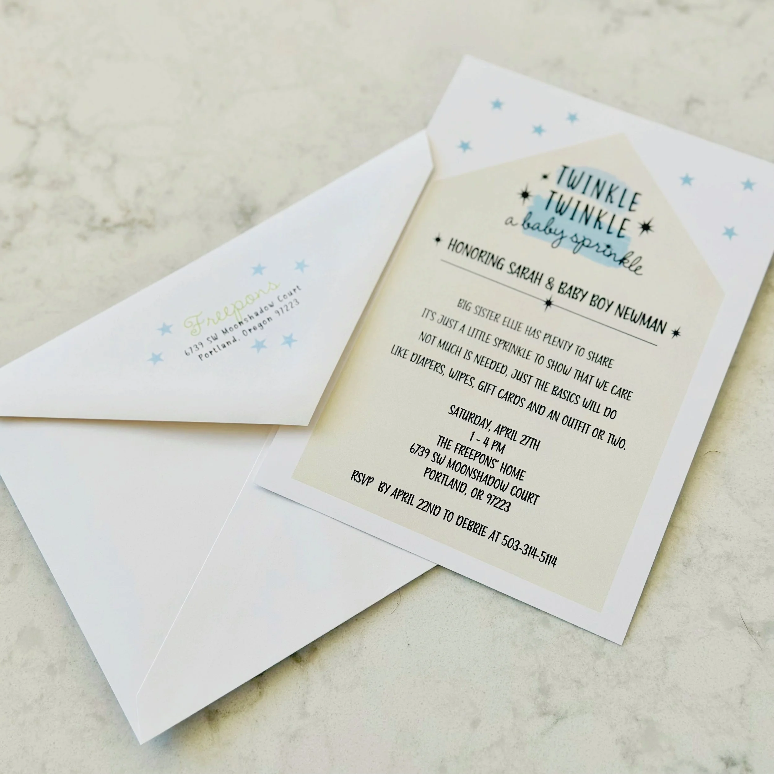 Baby number two is on the way! For this invitation, the hostess wanted to guide guests to bring essentials while also highlighting the big sister’s name. Since they already had one little one, it was a thoughtful way to focus on what was truly needed