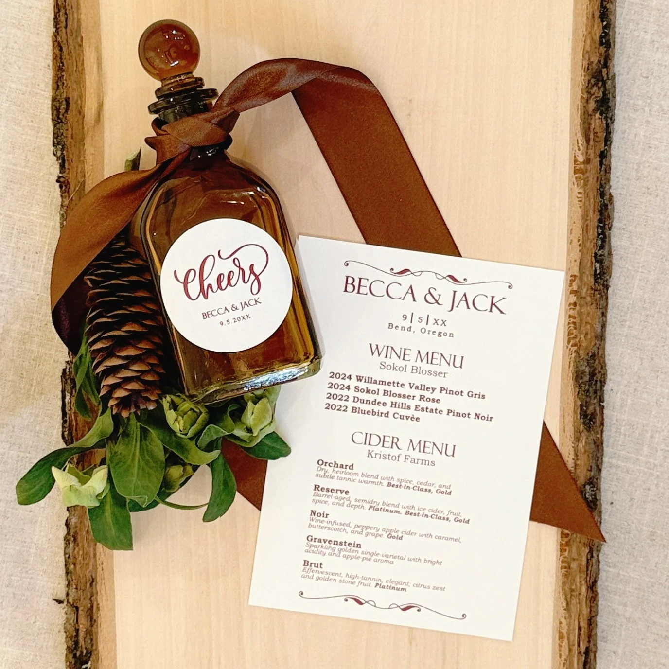 The groom's favorite color was a deep red. They provided the exact color they wanted on the linen cream colored paper.  We were able to carry this throughout the all the menus for the welcome dinner evening. 