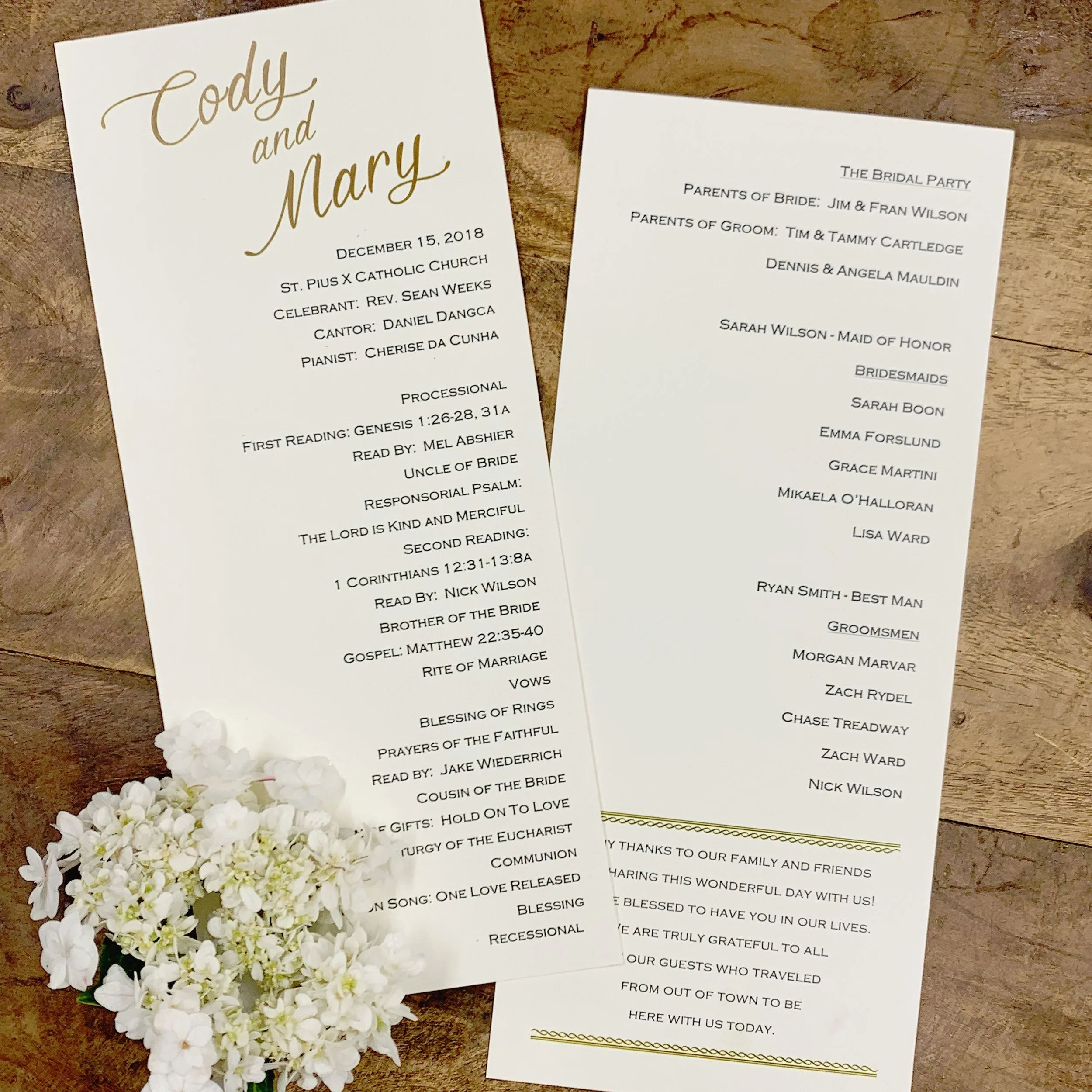 Couples often weave a theme throughout their wedding, and custom programs are a great way to honor those involved. For Cody and Mary, we designed a program matching their invites, with ceremony details in the same fonts and paper. The back highlighte