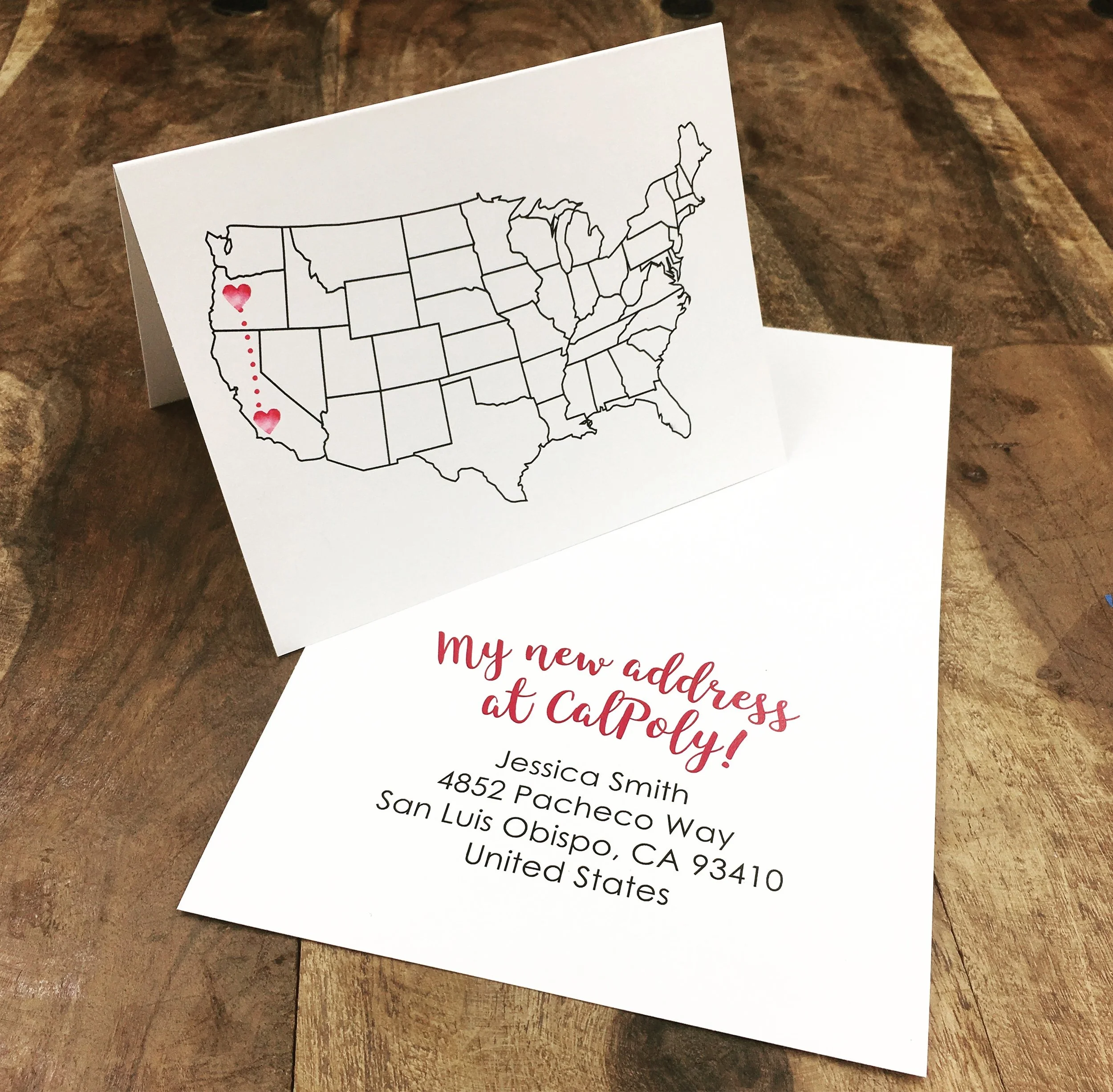 Moving? We can help keep family and friends in the loop with a custom change-of-address card. For this design, we added a watercolor heart and trail on a USA map to show the move, with all the important details inside. Perfect for college students, n