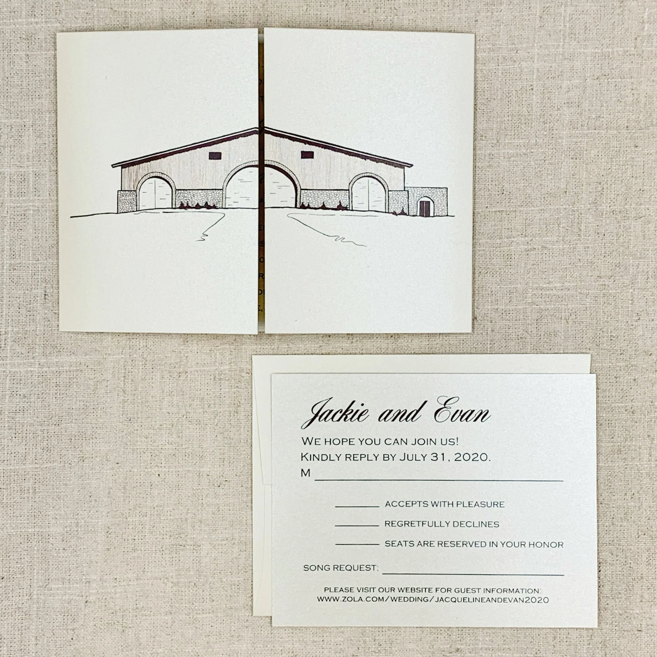 Paper Moon Shop embraces the originality of your ideas.  For one couple, we sketched Maysara Winery, the setting for their beautiful wedding. The unique invitation was cut and scored so that the winery building doors opened in the middle, welcoming i