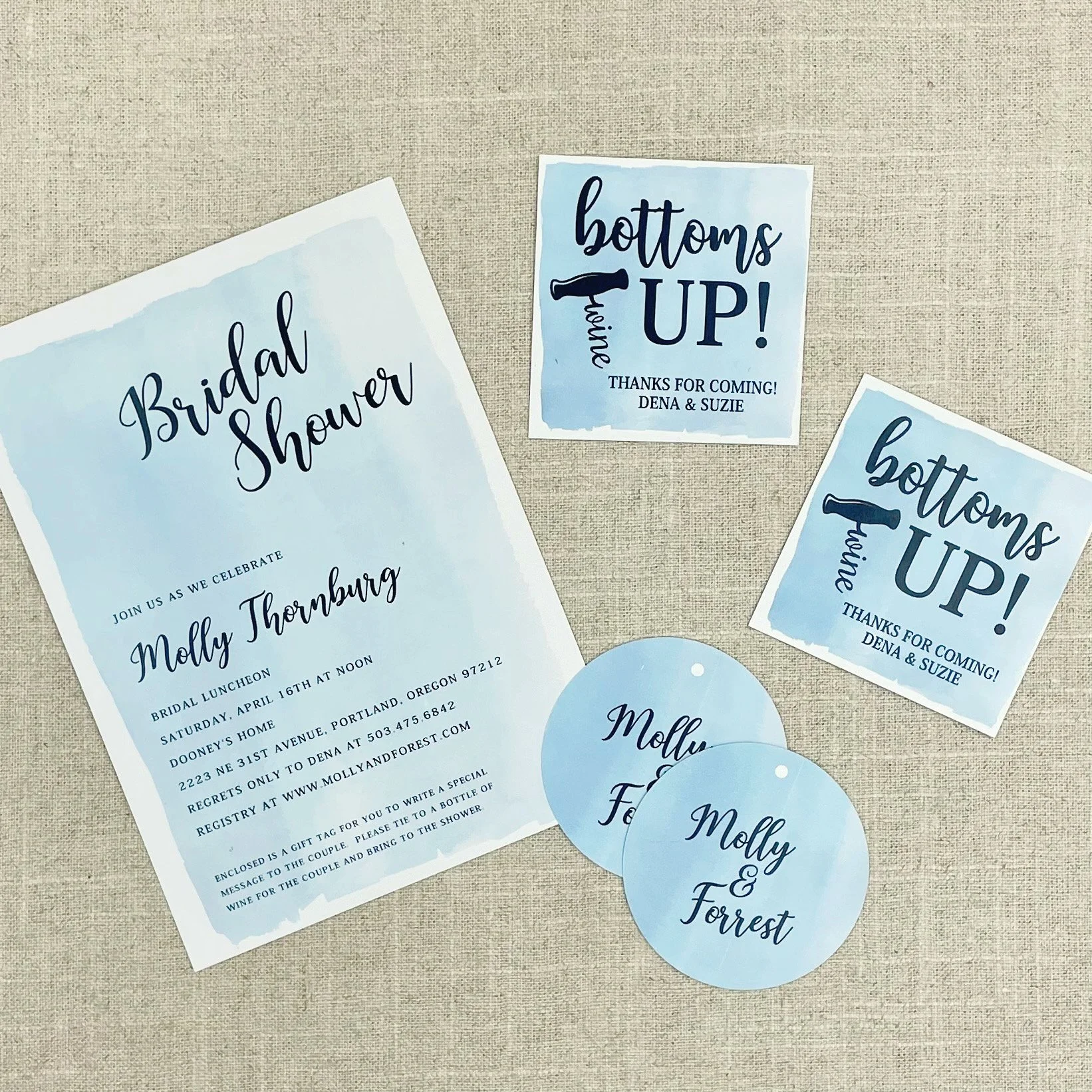 Bridal showers come in all shapes and sizes! For this bar-themed shower, the bride’s colors were sky blue and navy. Guests were asked to bring a bottle with a pre-made tag included in their invitation. When they arrived, bottles were placed together 
