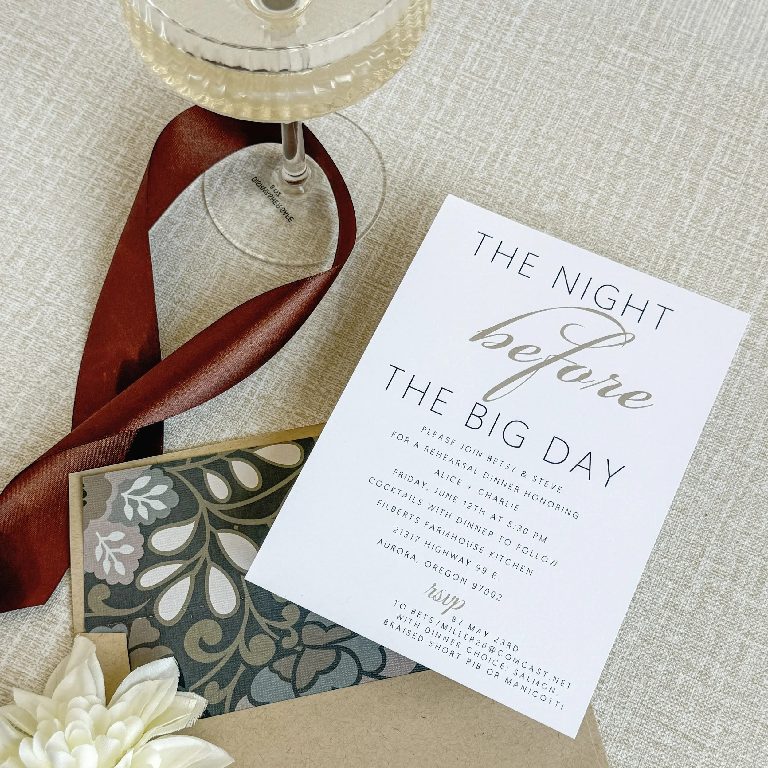 The night before the wedding is a special time to gather with loved ones and welcome your guests. A thoughtfully designed invitation sets the tone, shares the details, and makes everyone feel excited for the celebration to begin!