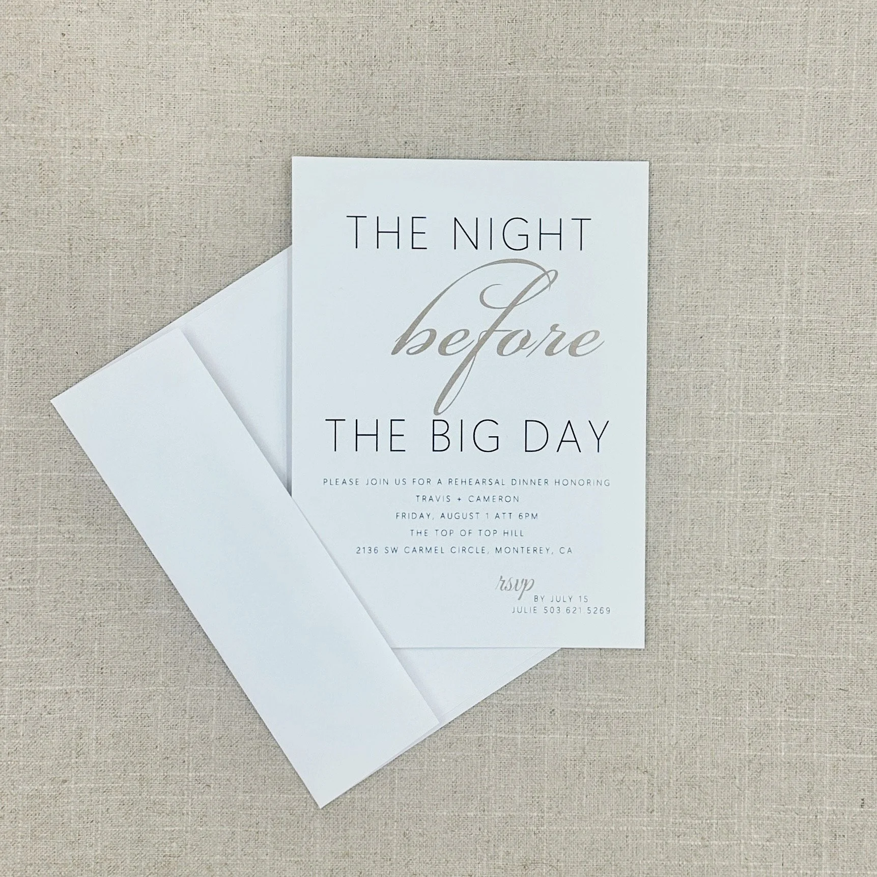 The night before the wedding is a special time to welcome your wedding party and loved ones. If you're hosting a larger group, especially with out-of-town guests, creating a warm, inviting atmosphere is key. We can help design the perfect invitation 