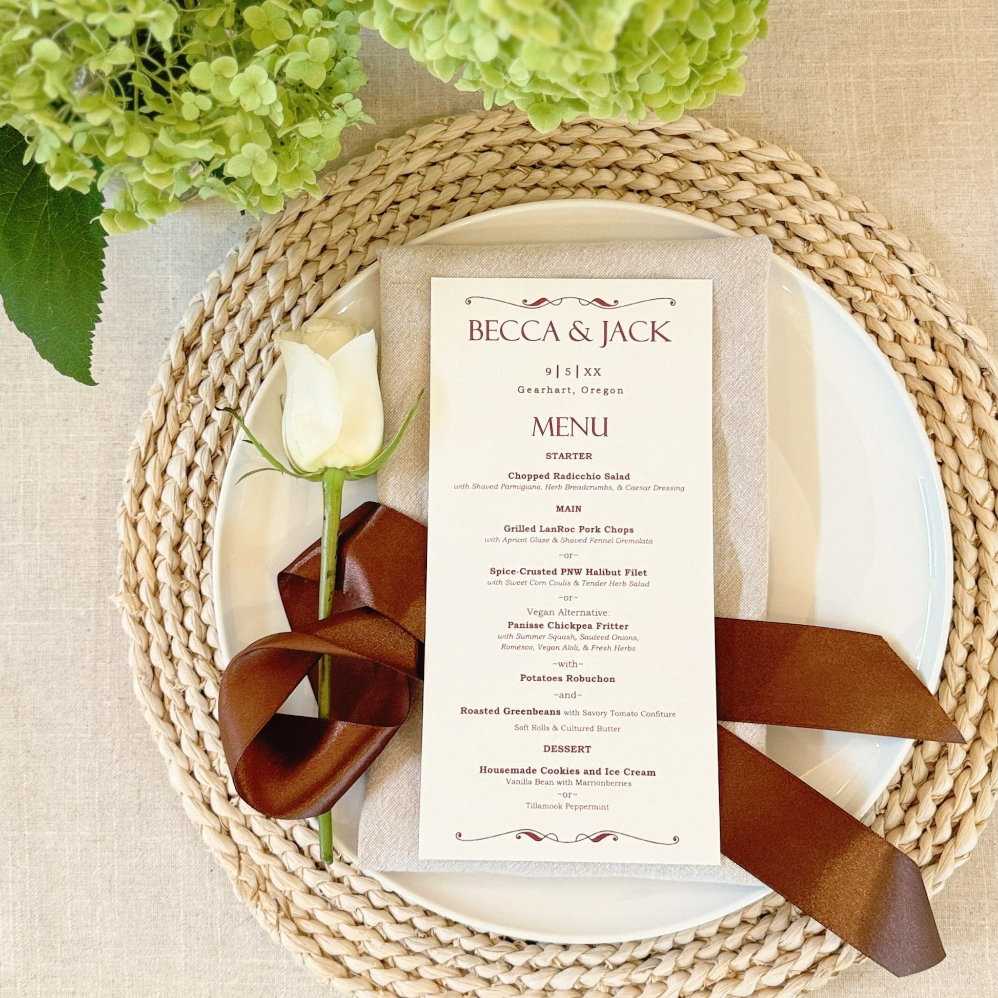 This wedding was for an later in life couple. They wanted a moody, vintage look for their welcome dinner.  They also wanted a fairly extensive menu listed.  We were able to format the information and still keep their elevated style