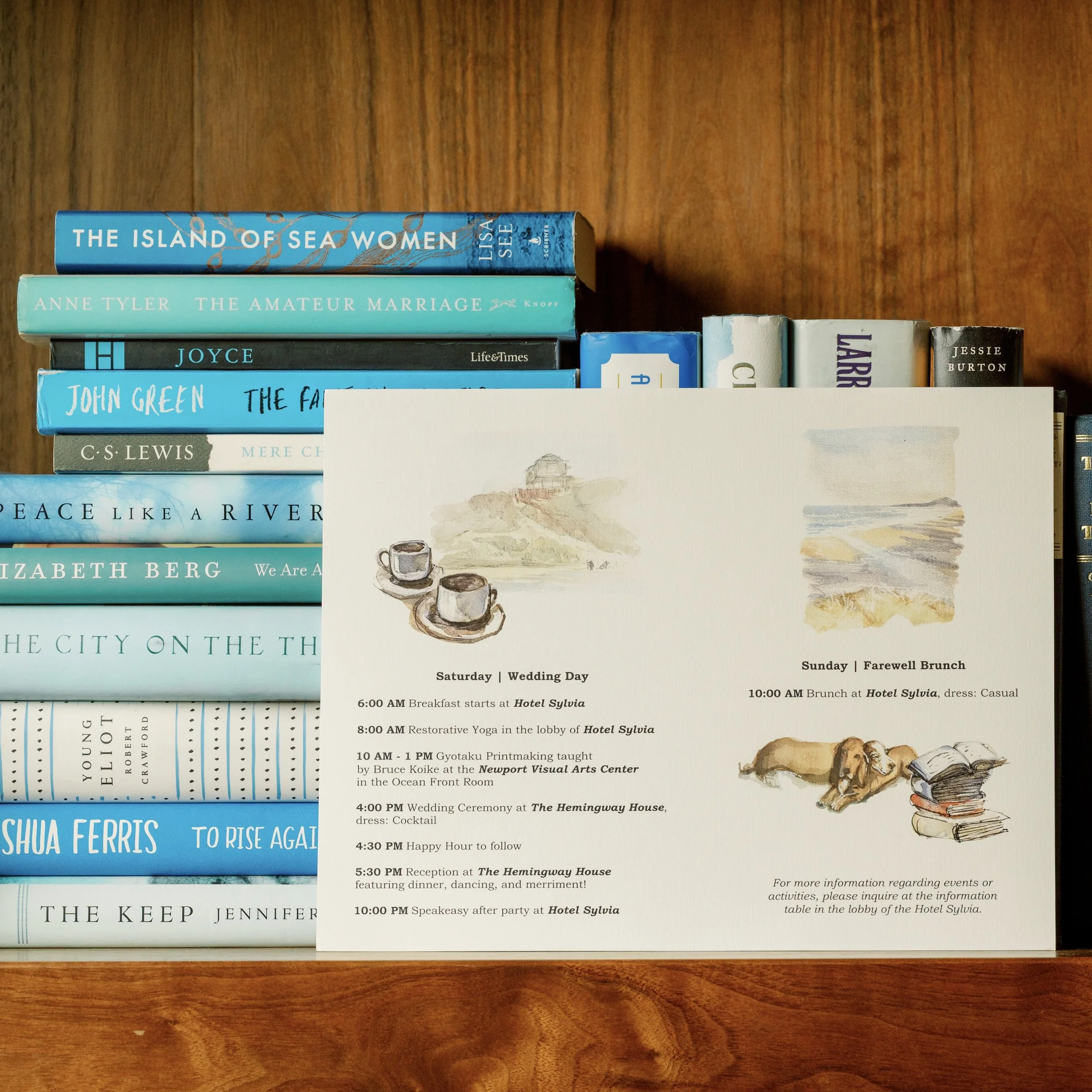 Destination weddings often call for a thoughtful itinerary. For this celebration, we designed a custom piece placed in each guest’s hotel room upon arrival. Featuring watercolor artwork of the venue, weekend activities, and the couple’s beloved basse