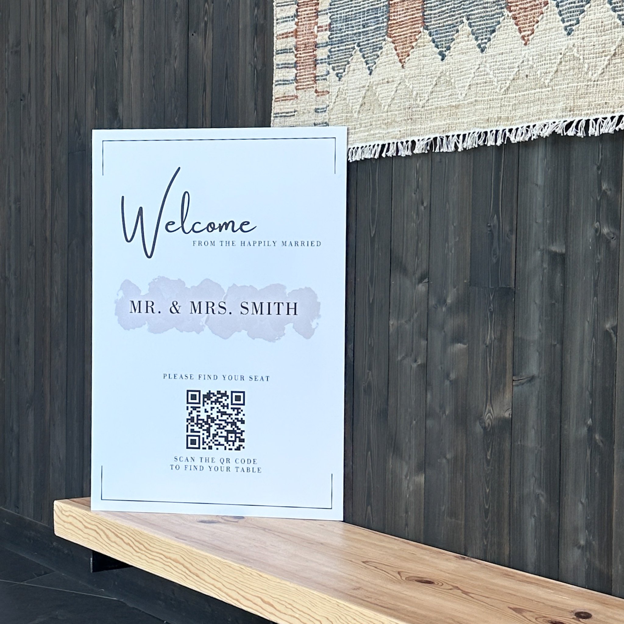 Looking for a fresh, stress-free way to guide your guests to their seats? Skip the traditional sign with every name and go digital! Simply send us your scan code, and we’ll add it to a stylish reception sign. As guests arrive to celebrate, they can q