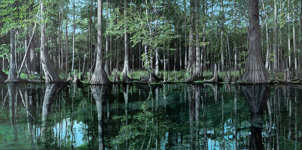    The Warp and Weft of Everything, Ichetucknee River, FL    Oil on panel / 42 x 84 inches  