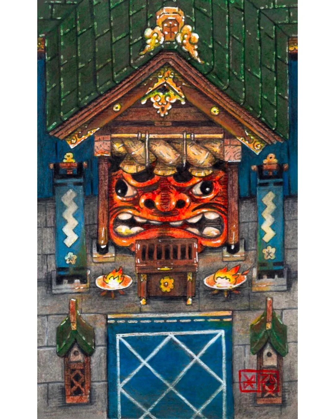 Colorful painting of a traditional Japanese temple gate with a fierce-looking guardian mask, flames, and decorative elements.