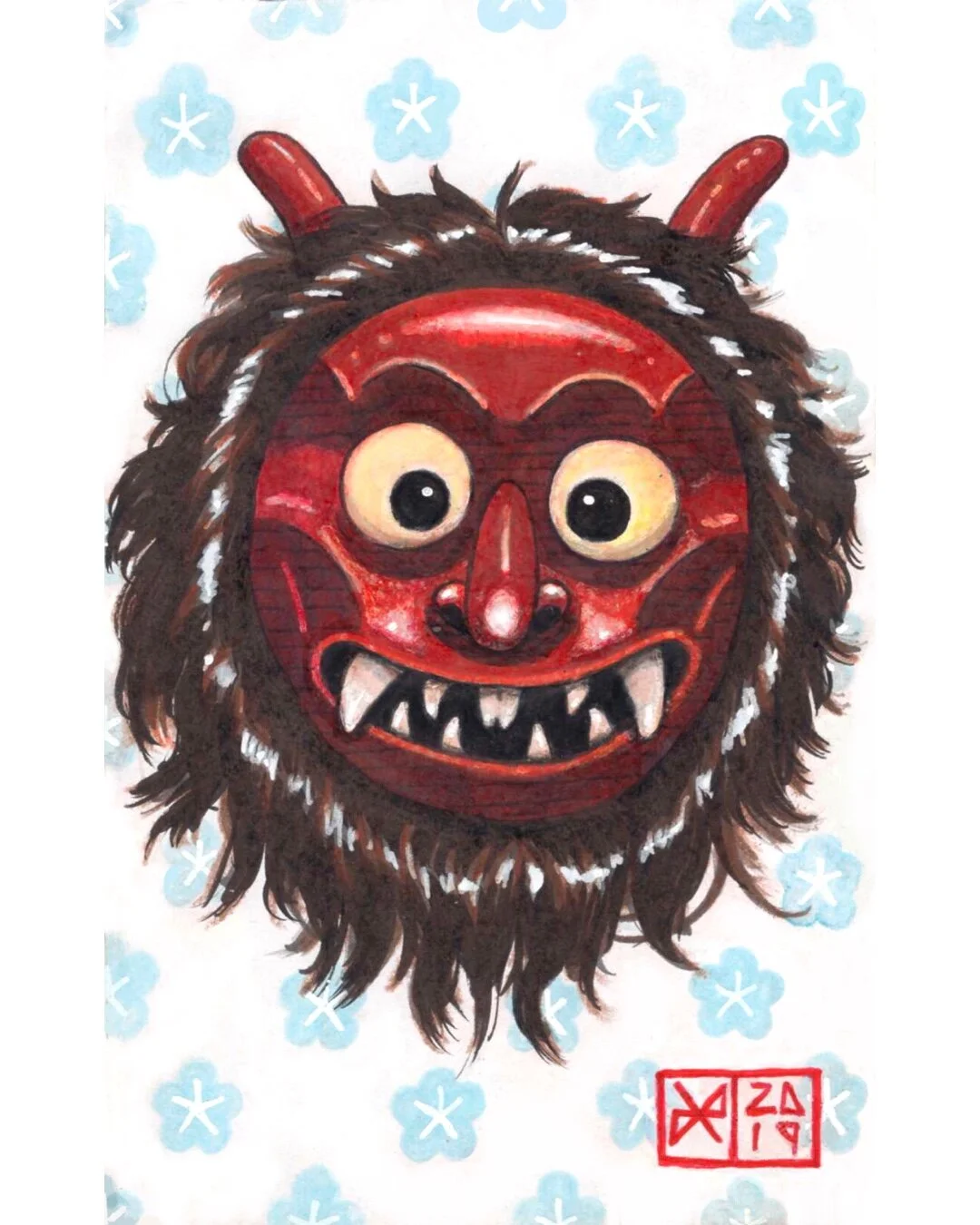 Traditional red oni mask with large eyes, big teeth, and dark brown hair, set against a background of blue snowflakes with a red signature in the bottom right corner.