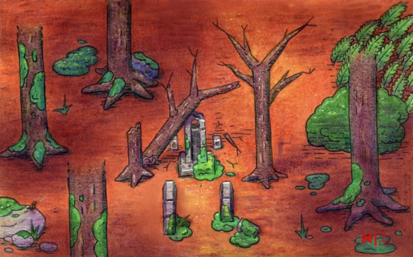 Drawing of a forest scene with several trees, some of which are damaged or broken, and patches of green moss or algae on the ground and tree trunks. The background is orange as if at sunset or fire-lit.