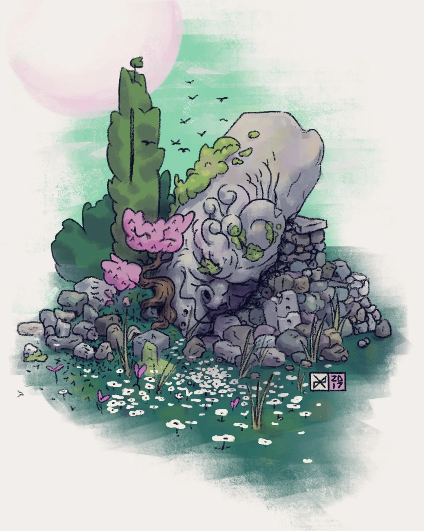 Illustration of a rock with plants and flowers growing around and on it, background of sky with a large pink moon and a flock of birds flying.