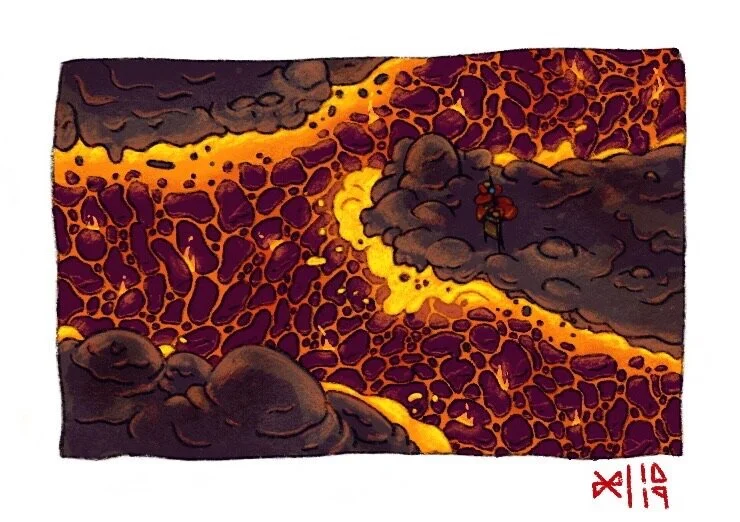 A person walking through a fiery volcanic lava flow surrounded by dark rocks and clouds of smoke, with bright orange and yellow lava illuminating the scene.