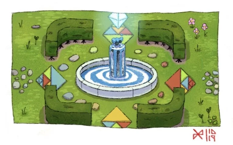 A colorful garden scene with a central fountain, geometric art sculptures, trimmed hedges, and flowers.