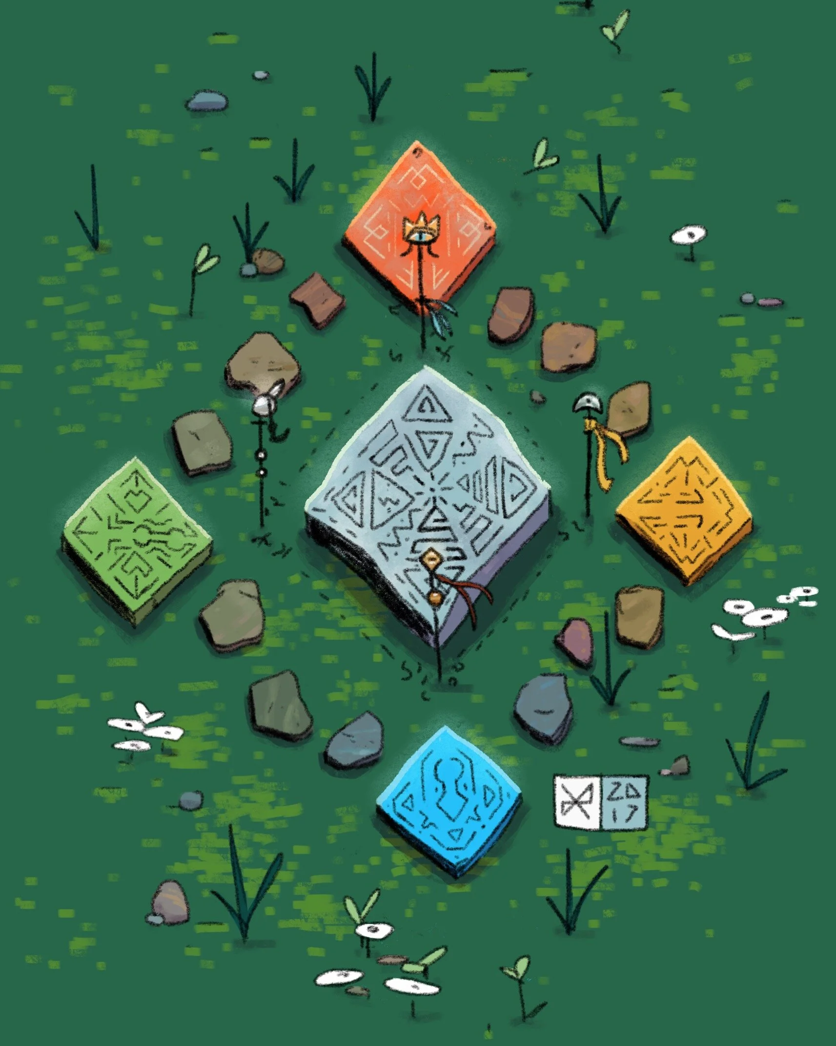 An illustration of four colorful, decorated stones on grass, surrounded by small rocks, plants, and insects, with a symbol and year '2017' in the corner.