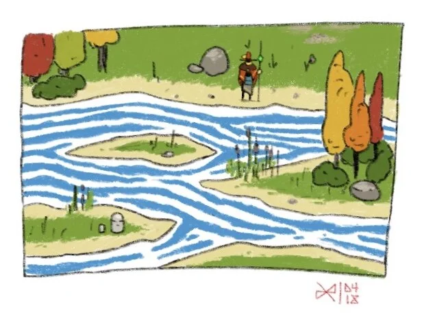 A colorful cartoon scene of a river with small islands, trees, and a person in a red jacket and hat standing on the riverbank. The scene includes a patch of grass, rocks, and reeds along the water.