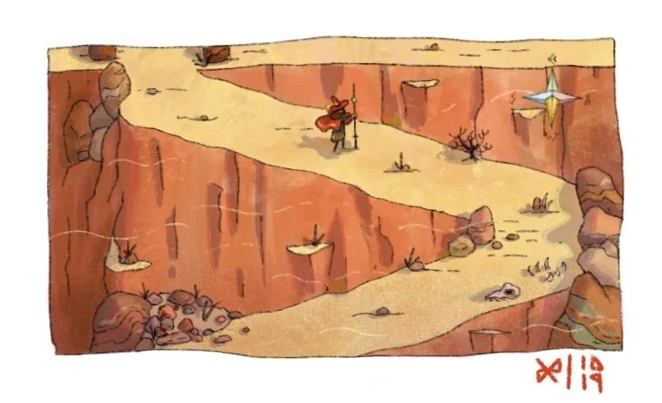 Cartoon of a hiker walking along a desert canyon trail with cactus and rocks, a compass rose in the sky, and a rugged landscape with cliffs and sparse vegetation.