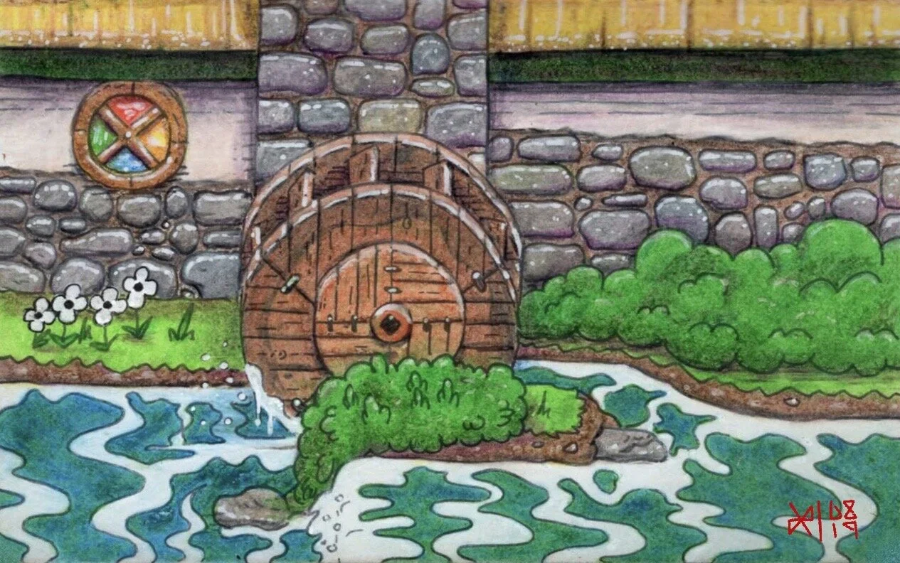 A colorful illustration of a watermill with a large wooden wheel, a stone wall in the background, a flowing stream in the foreground, green bushes, and a small patch of white flowers.