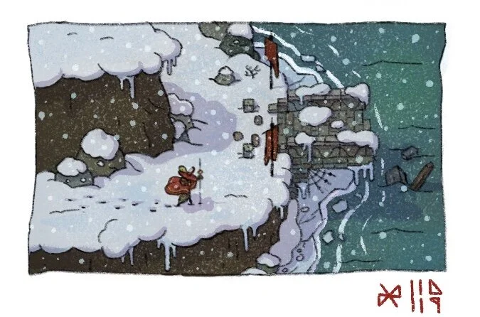 A cartoon depicting a snowy, icy cliffside with a small character wearing a red hat and scarf, standing on the snow-covered edge of the cliff near a body of water with floating ice. The scene includes snow-covered rocks, a metal fence, and snow falli