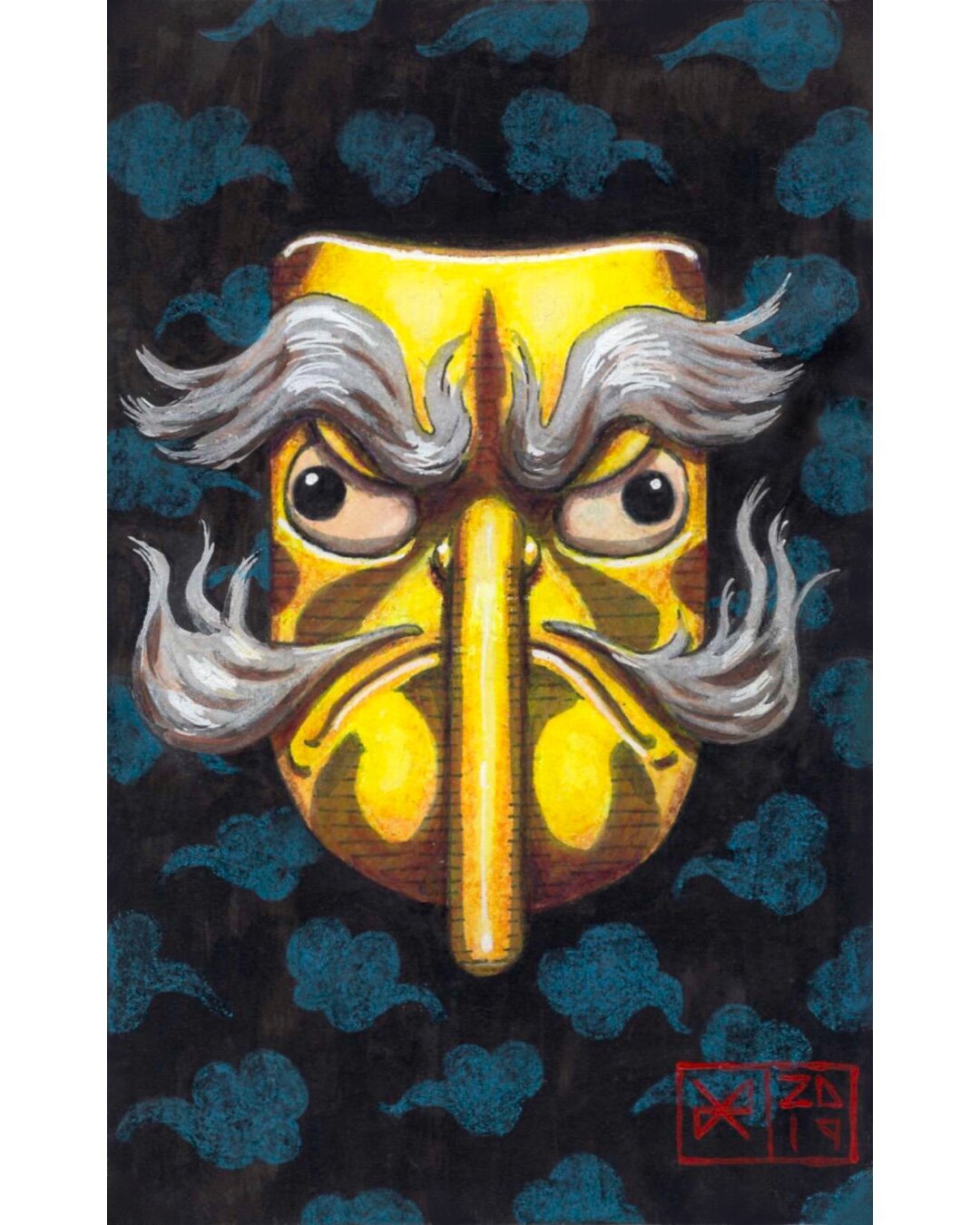 A stylized illustration of a person wearing a traditional Japanese Noh mask with a long nose, yellow face, gray eyebrows, and large eyes. The background is dark with scattered blue clouds, and a red stamp is in the bottom right corner.