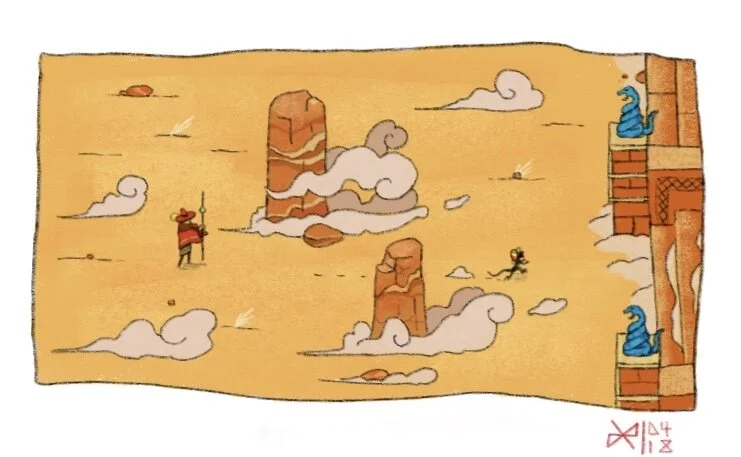 Illustration of a desert scene with two tall rock formations, a person in red with a staff, flying clouds, and a small creature climbing a wall with blue statues.