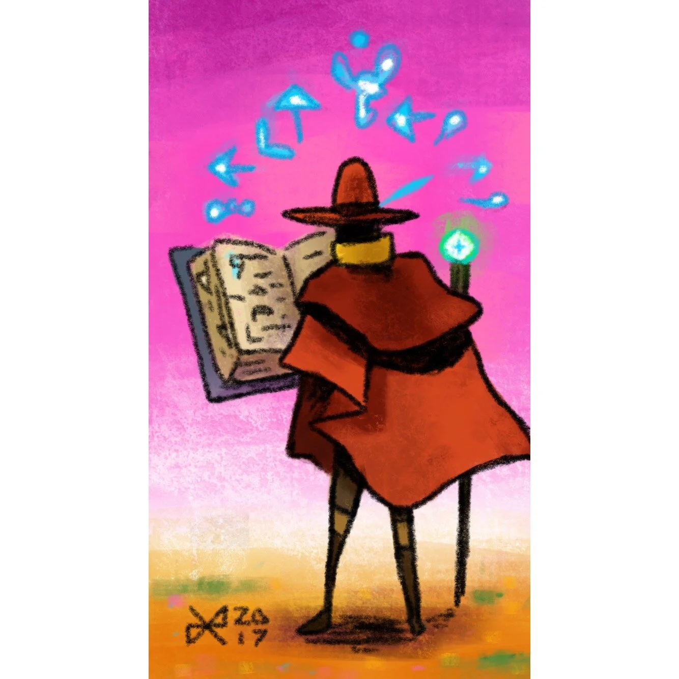A colorful illustration of a wizard in a red robe and wide-brimmed hat, holding an open book with glowing blue symbols floating around their head, set against a pink and yellow background.