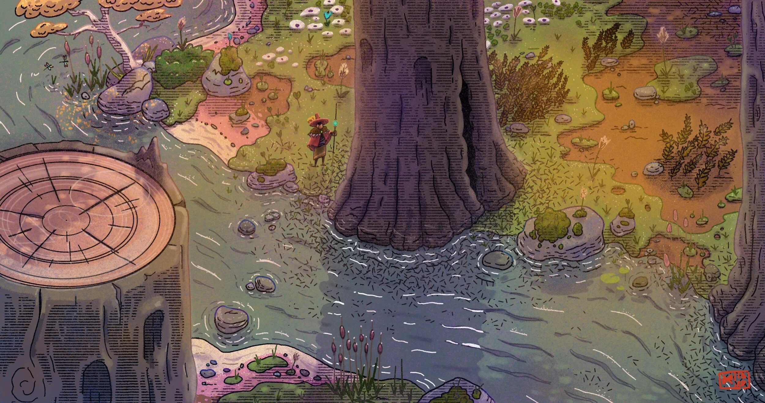 An animated scene of a tranquil forest stream with large trees, rocks, and diverse plants. A small character wearing a hat and cape stands near the water, holding a glowing staff. A wooden stump with concentric circles is in the foreground on the lef