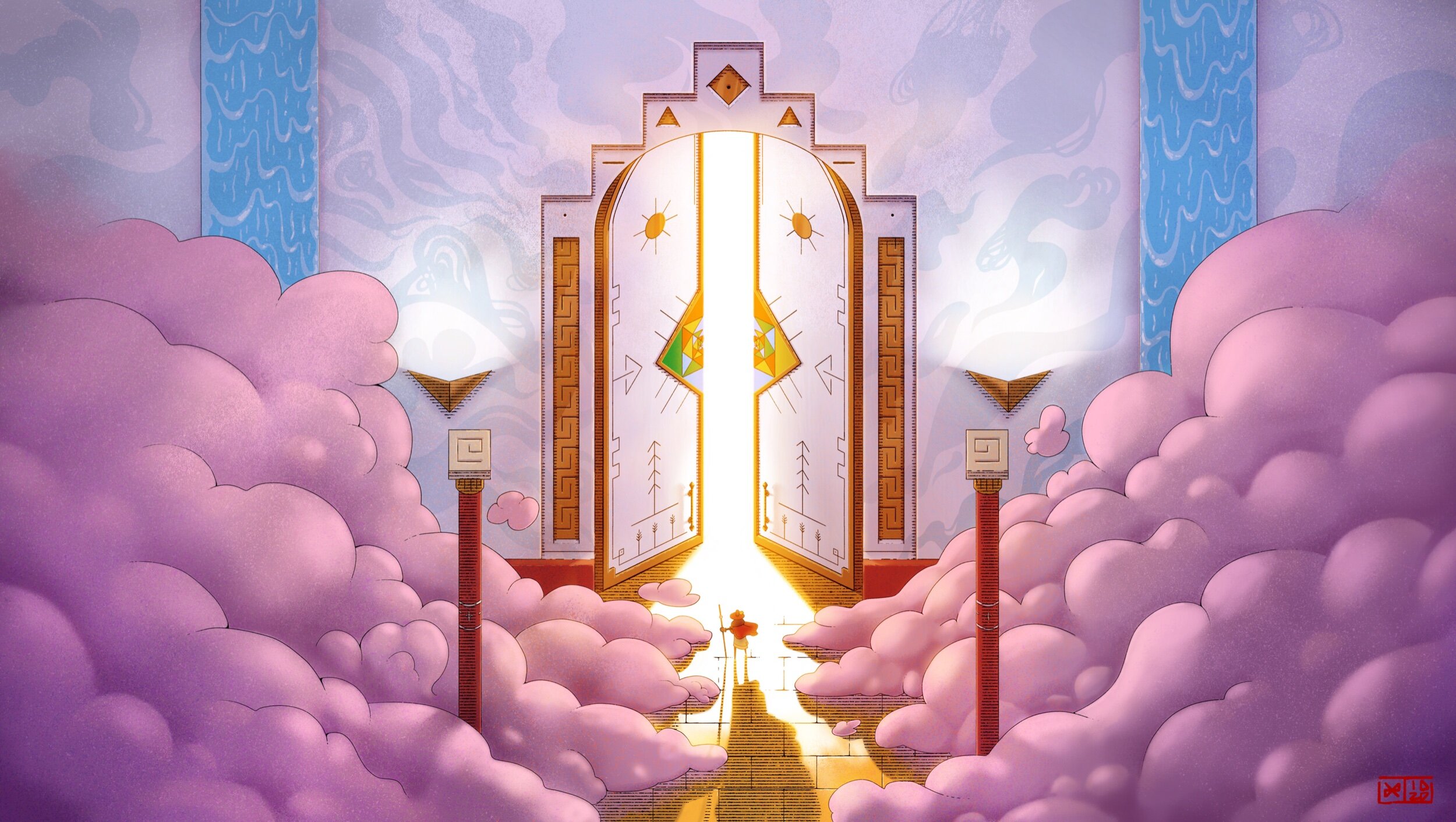 A fantasy scene of large open gates leading to a bright light, surrounded by pink clouds and flanked by tall decorated pillars, with a small figure standing in front of the gates holding a staff.