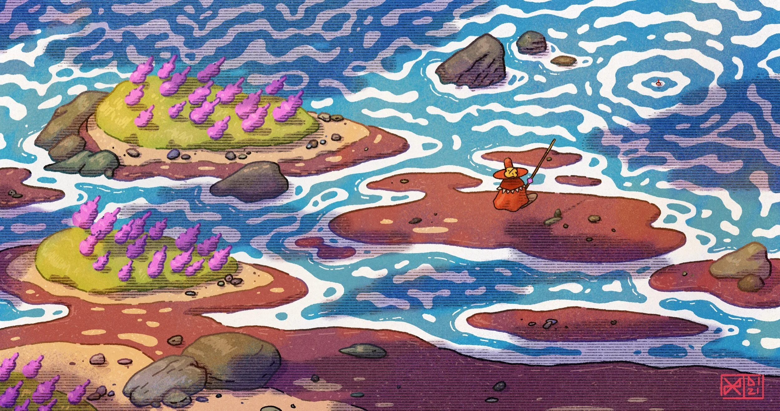 A cartoon-style illustration of a small person in traditional Asian clothing fishing on a rocky shoreline with flowing water and scattered rocks and plants. The scene includes water with ripples and pink lavender-like plants on small islands.