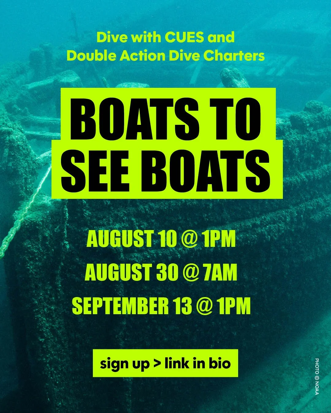 Join CUES and Double Action Dive Charters for a boat ride and two-tank dive to see other, significantly-less functional boats! There is plenty of space available on August 30, and a few spots left for August 10 and September 13. CUES members and frie