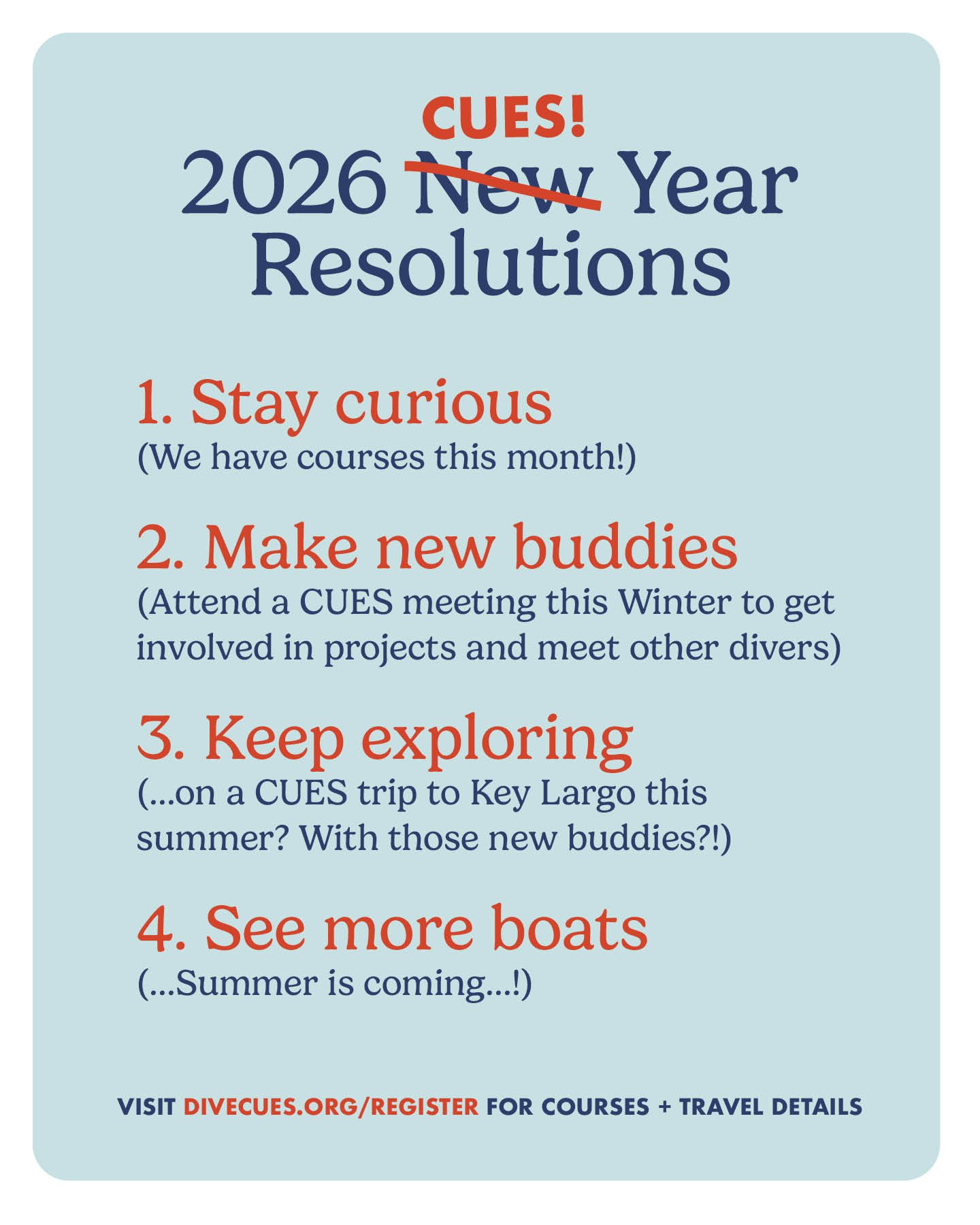 Happy New Year from CUES! Visit divecues.org to learn more about what we're up to in 2026, including January Open Water courses in Chicago and a group trip to Key Largo in July. 🪩🤿🕺

OR join us on Zoom this Tuesday at 7pm Central for our first Gen