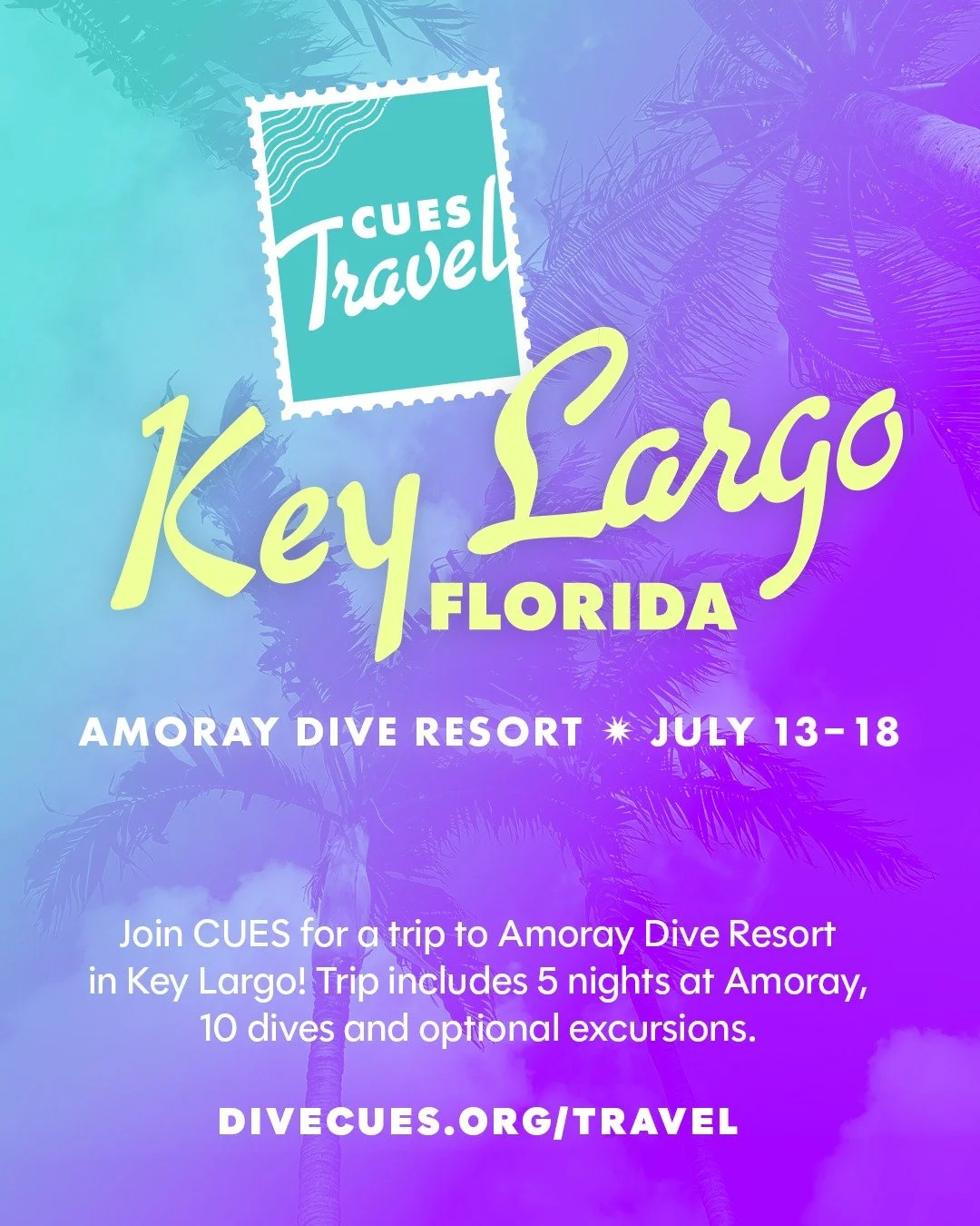 Dreaming clear, warm water? We are! Join CUES for a week in Key Largo, Florida at @amoraydiveresort  this July &mdash; trip includes accommodations at Amoray, 10 boat dives with our group, optional excursions, and a chance to travel with your CUES bu