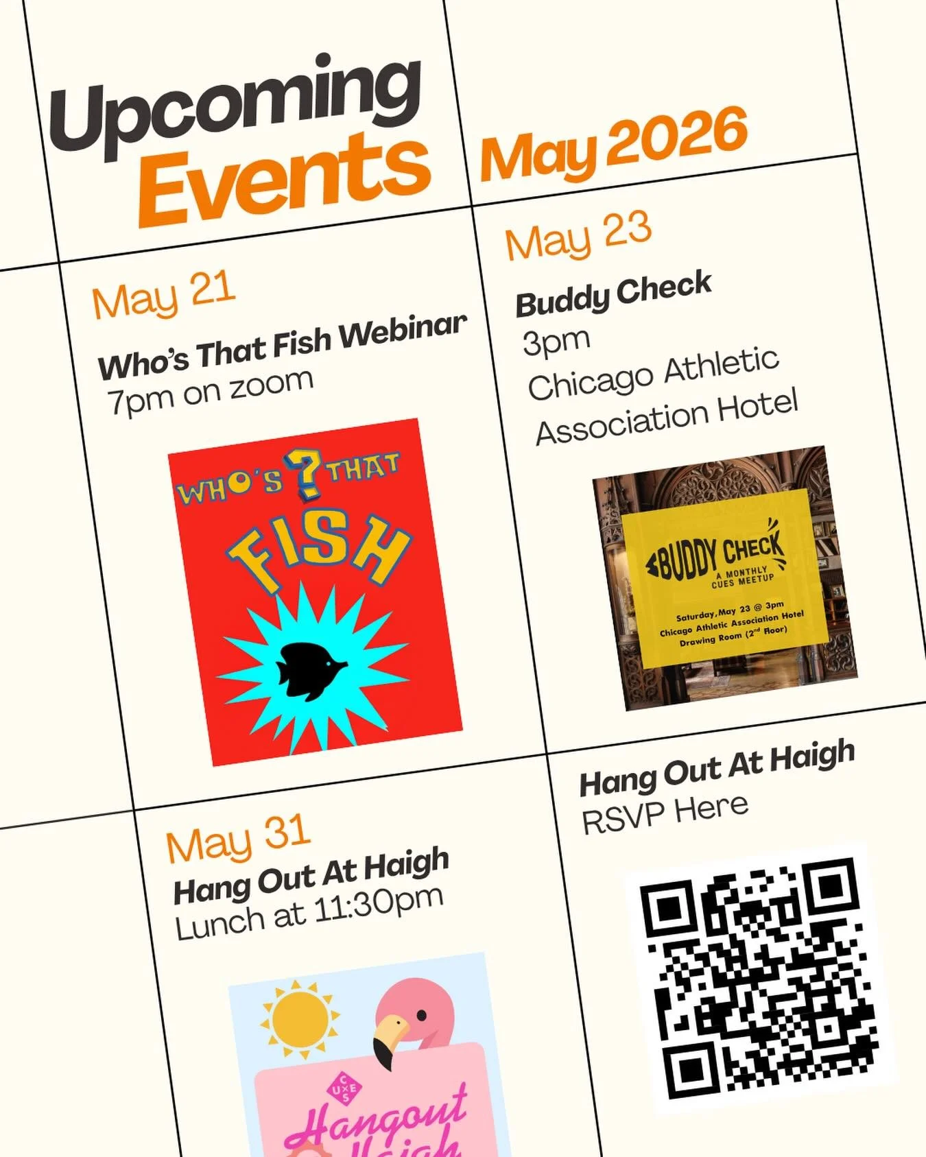 We&rsquo;ve got several social events coming up this month! Join us for one or all three! A Who&rsquo;s that Fish Webinar on the 21st where you can learn to identify fish just in time for summer travel season, a buddy check on May 23 at the Chicago A