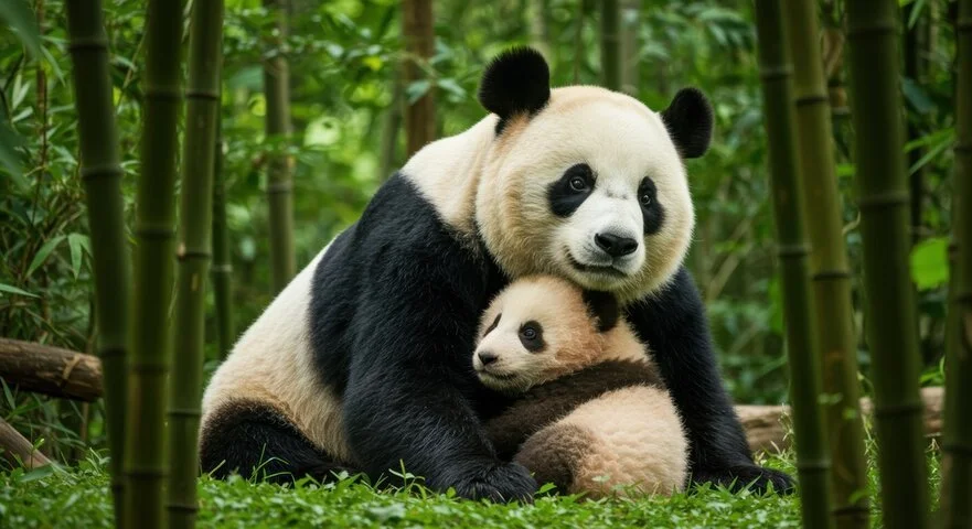 Adult panda holding panda cub