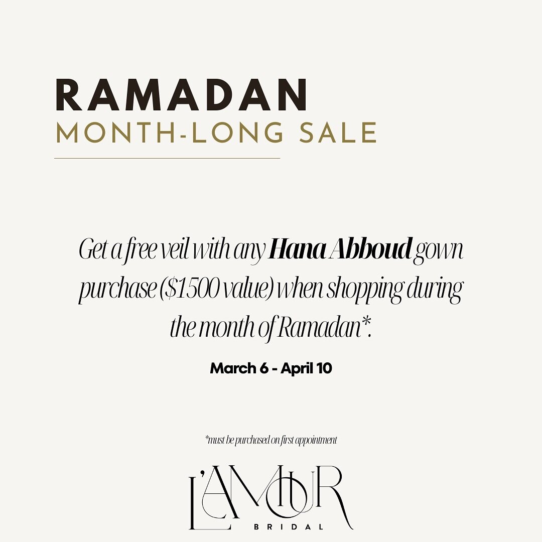 This one is for the community 🤍✨ Purchase any @hanaabboud_ gown during the month of Ramadan for a free veil valued at $1500. Book your appointment (via the link in the bio) now to make sure you get yours.