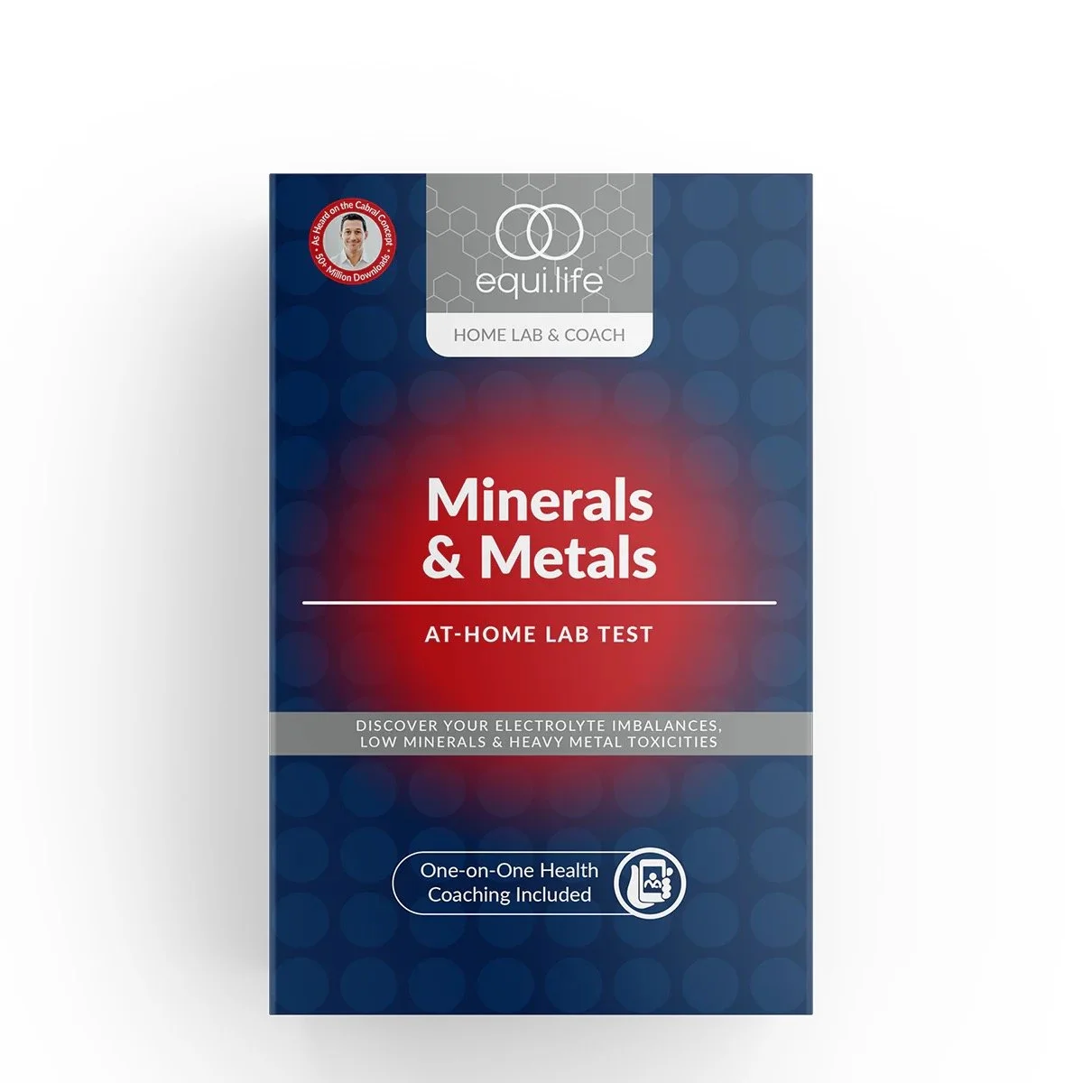 Box labeled 'Minerals & Metals at-home lab test' by Equi Life, including health coaching and electrolyte imbalance detection.