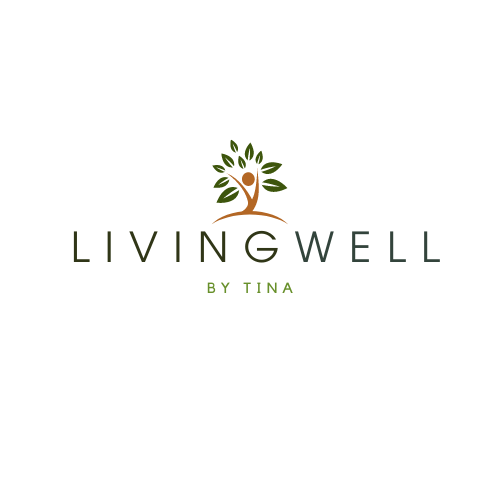 Logo with a stylized tree and the text 'LIVING WELL BY TINA' underneath.