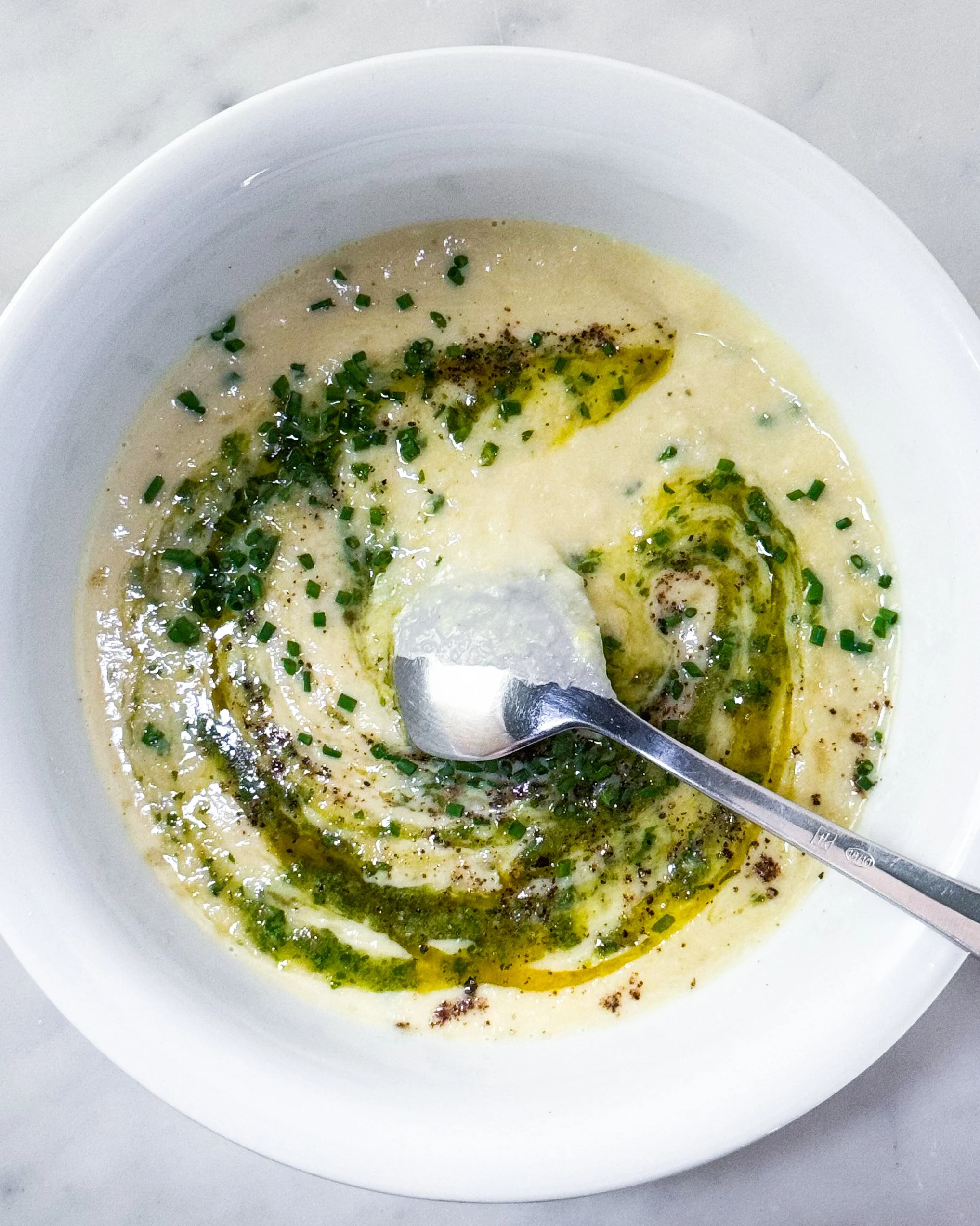 Cauliflower &amp; Corn Soup with Salsa Verde