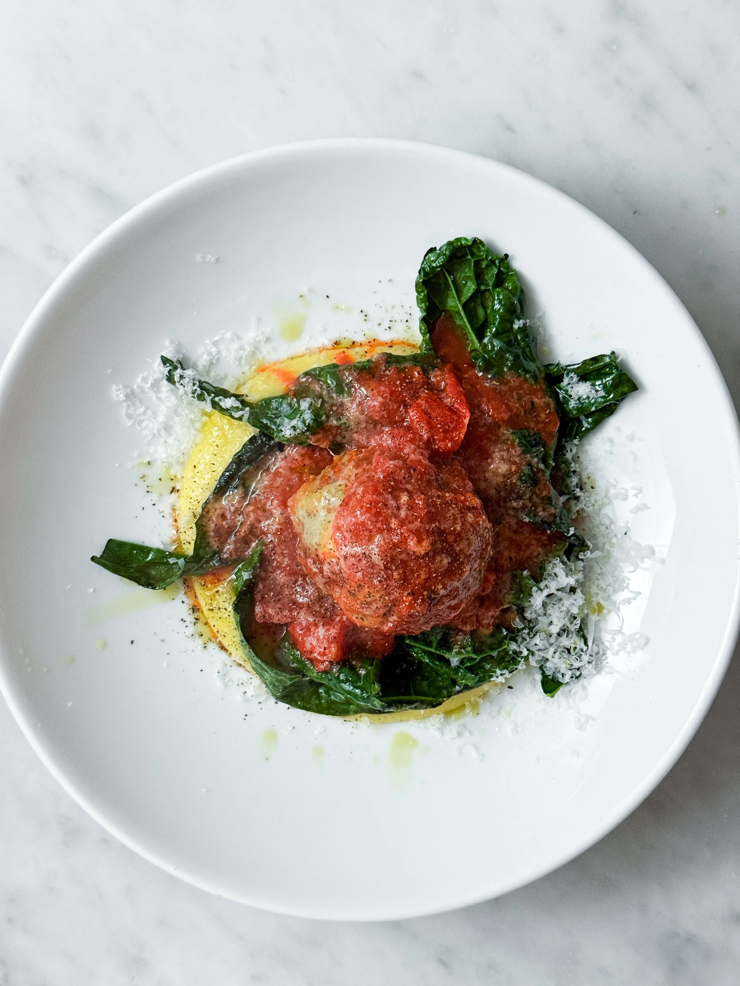 Mozzarella Meatballs with Polenta