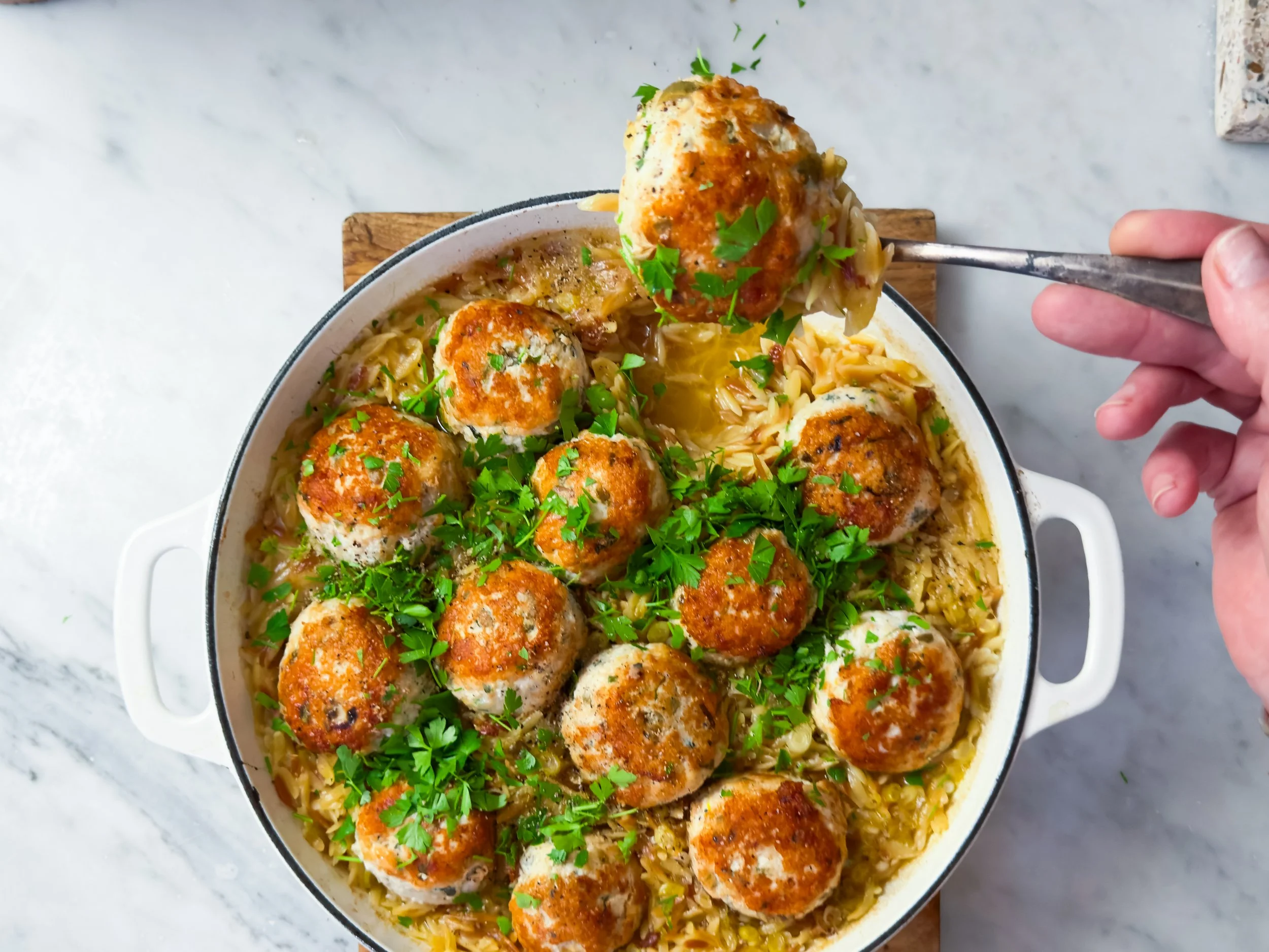 Lemony Chicken Meatballs On Orzo
