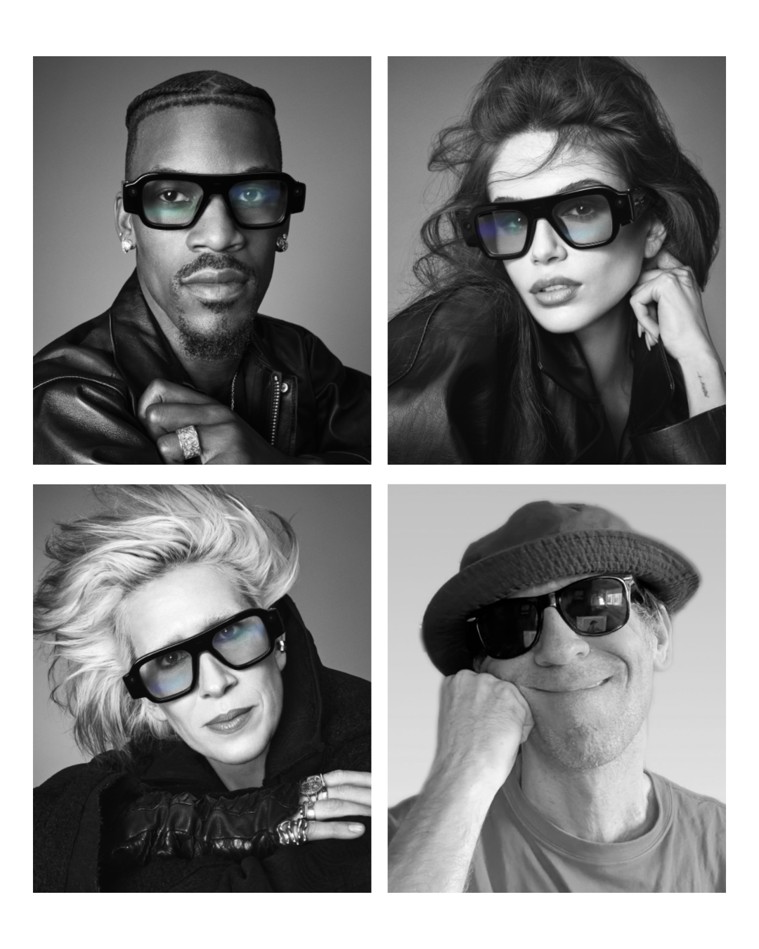 Black and white collage of four diverse people wearing sunglasses, each with distinct styles, captured in portrait photography.