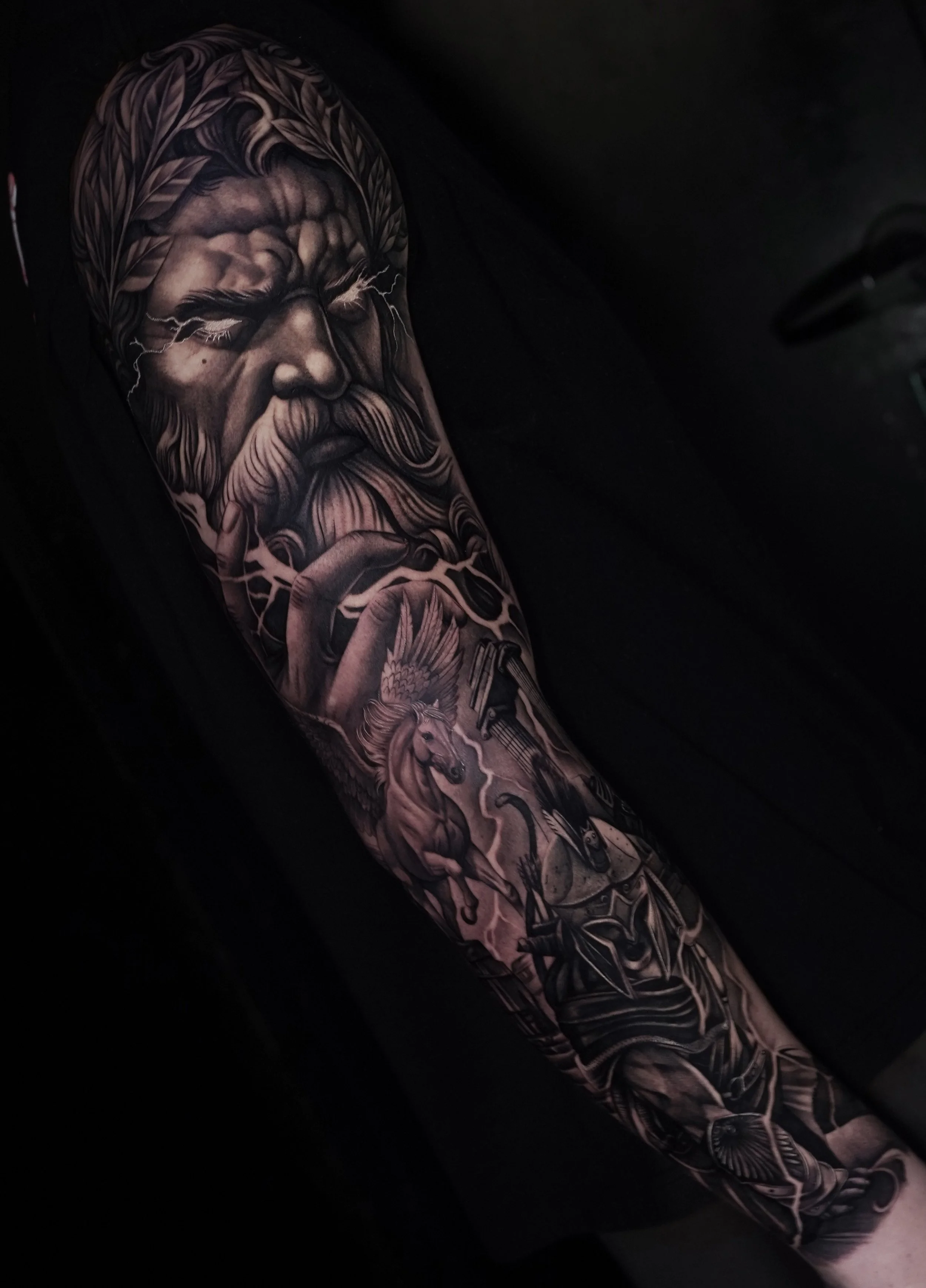 Greek mythology black and grey realismsleeve by Madman