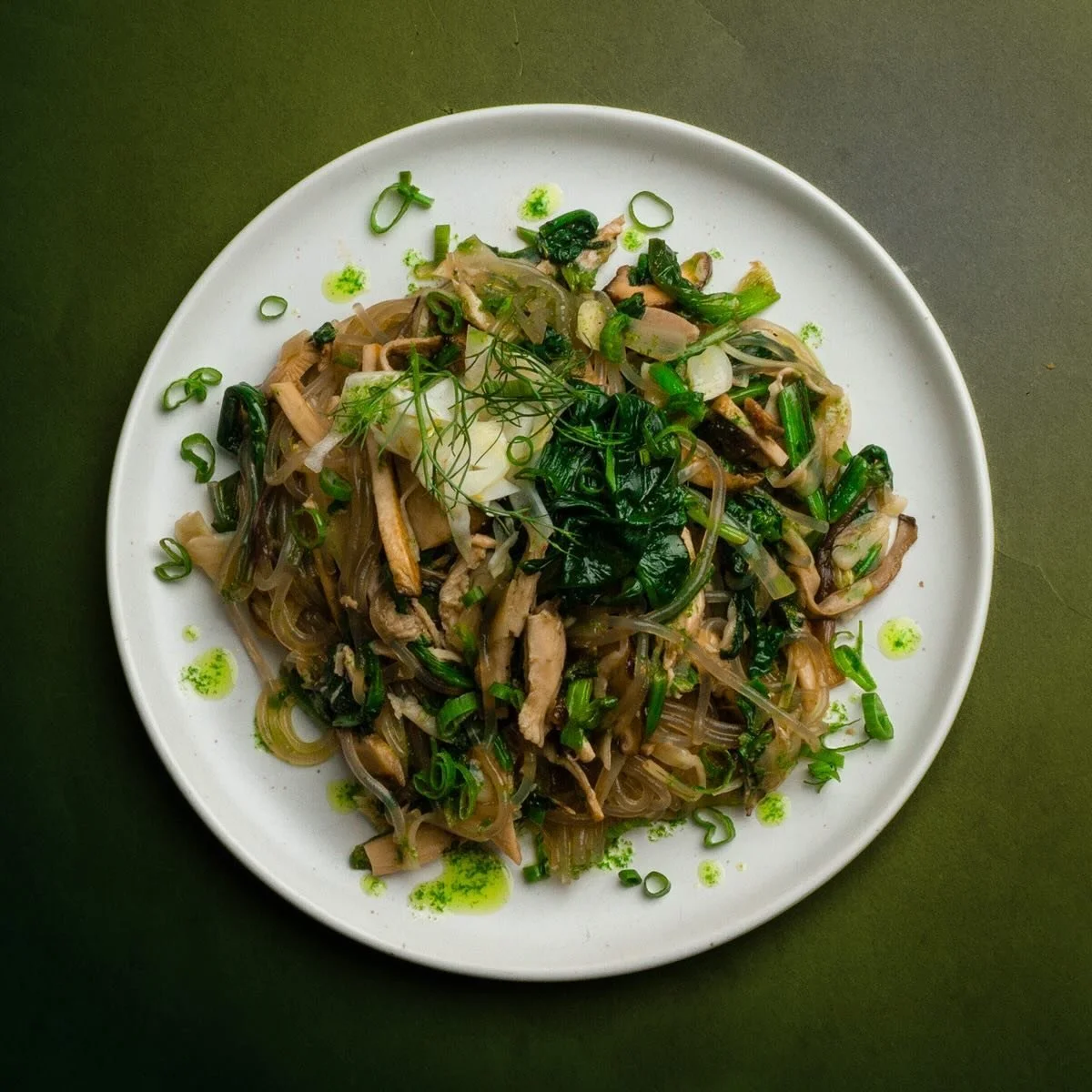 Ramp and Fennel Japchae. I&rsquo;ve been playing around with a version of japchae that prioritizes a rainbow of texture over a rainbow of colors over the last couple of years. This has led to some swaps on some of the more traditional ingredients.

T