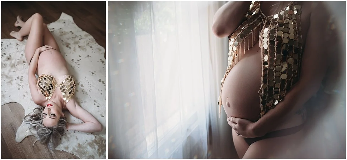 Pregnancy boudoir image highlighting natural curves while wearing gold top and holding belly