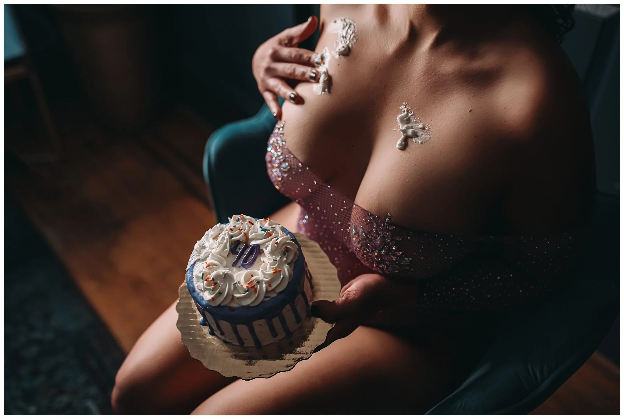 Boudoir photography dark moody studio birthday cake detail shot with frosting